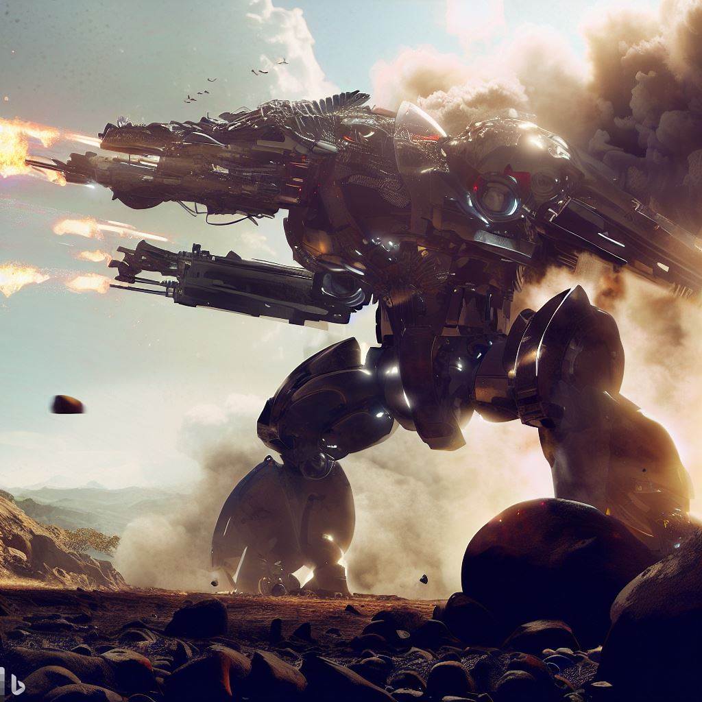 giant future mech dinosaur with glass body firing guns, rocks in foreground, wildlife in foreground, smoke, detailed clouds, lens flare 3.jpg